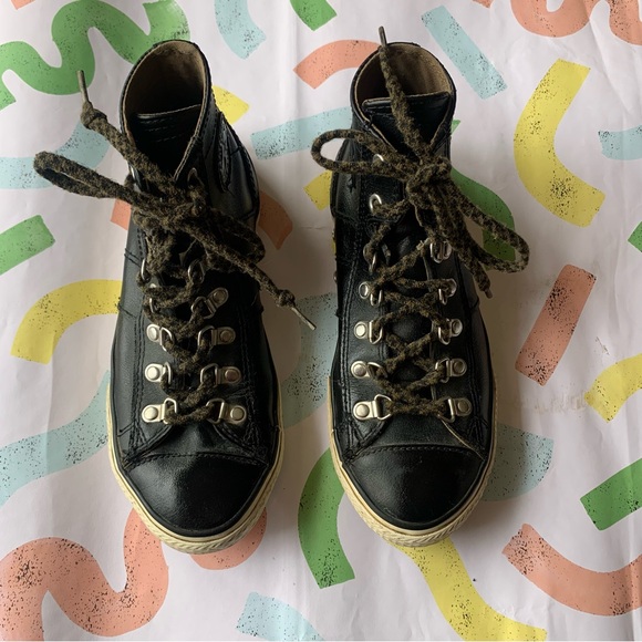 Converse Black Leather Hightop Hiking Punk Sneakers - Picture 1 of 8